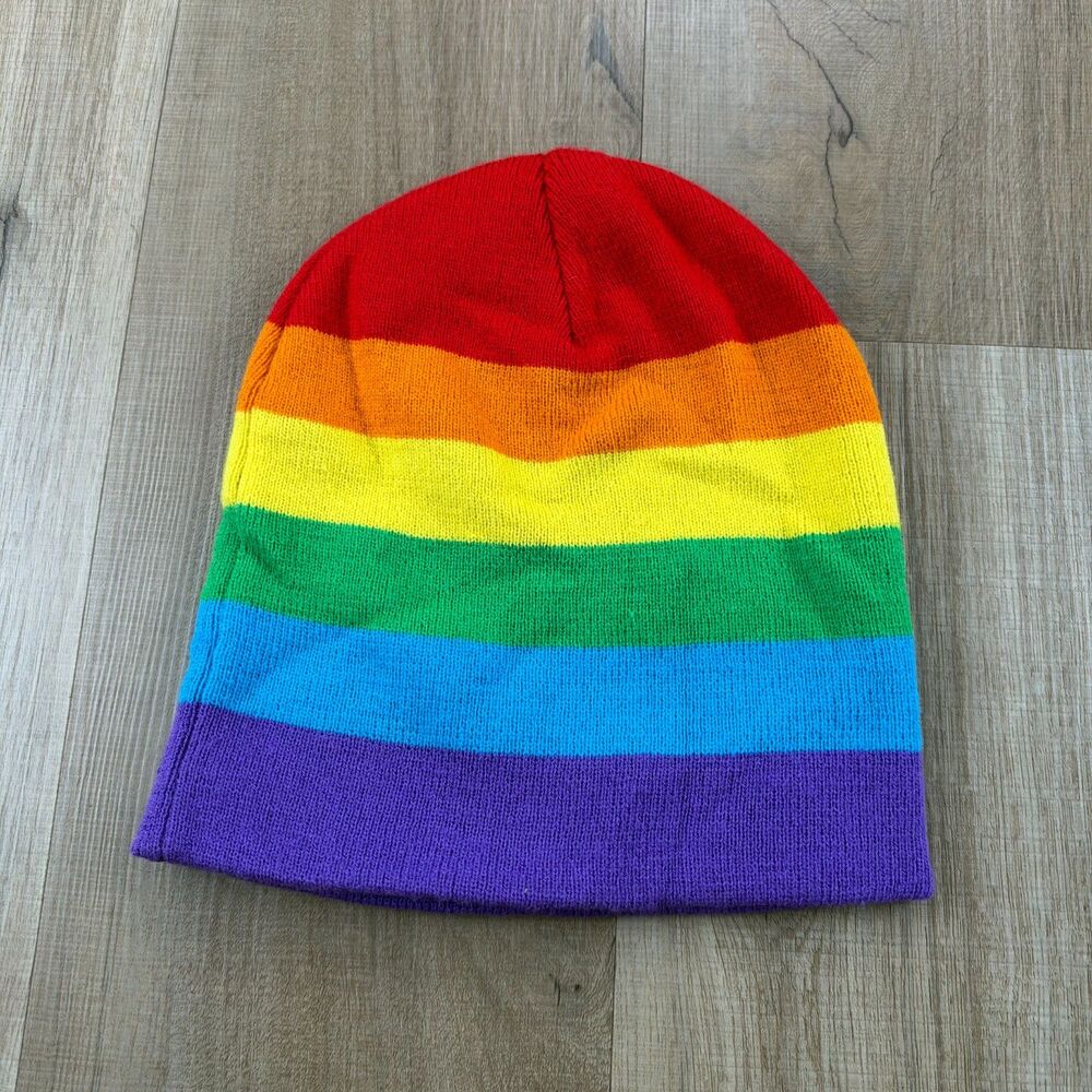 Spencer's Rainbow Colorful Pride Striped 100% Acrylic Beanie Winter Hat OSFM